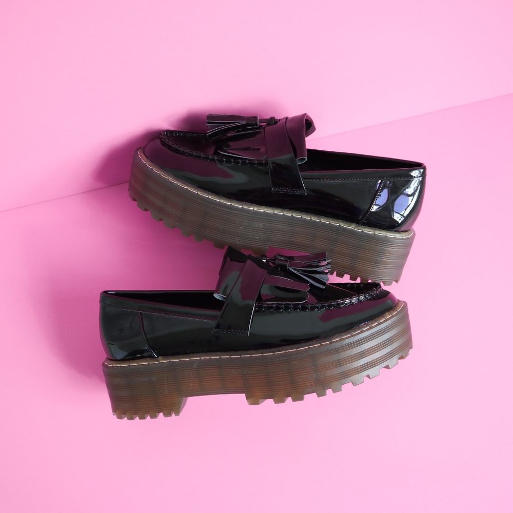 H&M Divided Black Patent Leather Platform Loafers